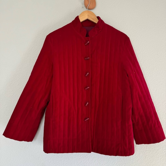 70s Vintage Sears red quilted velvet jacket toggl… - image 2