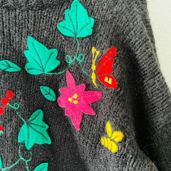 Vintage Flower Butterfly Black Novelty Sweater Ov… - image 4