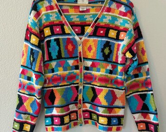 Vintage 90er Jahre funky multicolor Regenbogen handgestrickte Strickjacke Susan Bristol S-M