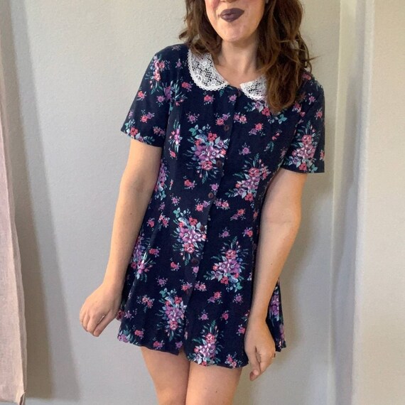Vintage floral cottagecore lace collar dress Sz S