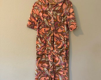 Vintage 60s nylon nightgown robe housecoat psychedelic paisley peach pink sz M