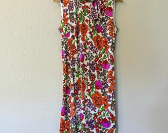 Robe droite vintage des années 60 à fleurs lumineuses et col noeud papillon Flower Power mod sz L