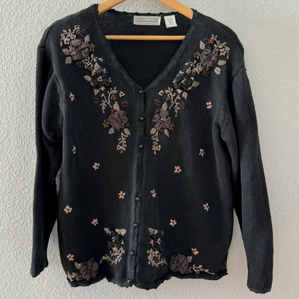 90s vintage cardigan black floral embroidery beaded whimsigoth cotton sweater XL