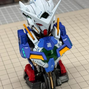 May include: A detailed model of a Gundam robot bust. The bust features a white head with sharp angles, blue and red accents, and the text "GNT 000" on the chest. The model is on a grid-lined surface.