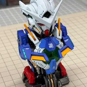 May include: A detailed model of a Gundam robot bust, featuring a white head with blue and red accents. The robot has a distinctive design with sharp angles and intricate details, including yellow and orange highlights. The chest area displays the text "GNT 000".