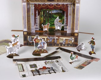 May include: A papercraft puppet theater with a red curtain and a forest backdrop. The set includes a variety of animal puppets, including a rooster, a donkey, a cat, and a dog. There are also two human puppets, one playing a guitar and the other holding a rifle.