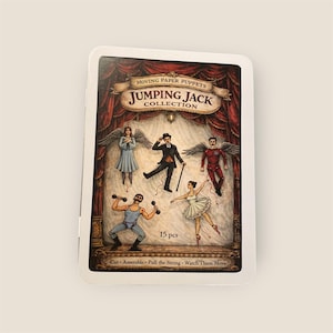 Moving paper puppets. Jumping Jack collection in metal box