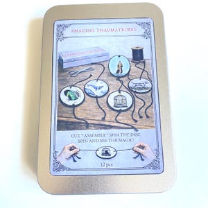 Colección de taumatropios para armar en caja de metal