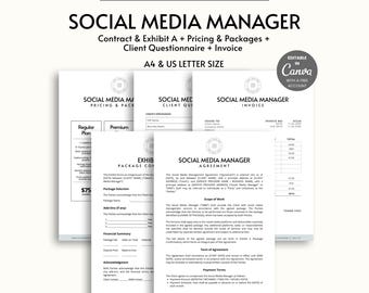 Social Media Manager Kit: Contract, Client Questionnaire, Invoice, Pricing & Packages – Canva Template (Digital Download)