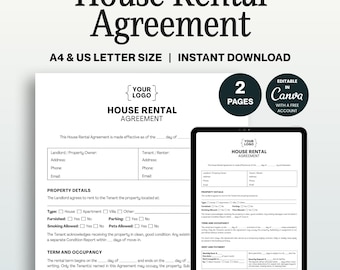 House Rental Agreement Template, Editable Canva Lease Contract for Landlords and Tenants