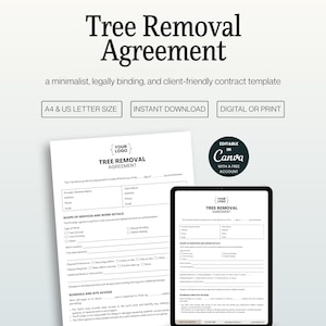 May include: A digital tree removal agreement template, shown on paper and a tablet. The document includes sections for service details, site access, and client information. The template is available in A4 and US Letter sizes, and is an instant download.