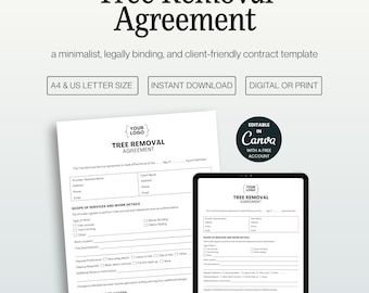 Printable Tree Removal Contract Template, Editable Canva Service Agreement in A4 and US Letter
