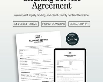 Cleaning Contract Template, Editable Canva Cleaner Agreement, Minimalist Design A4 and US Letter