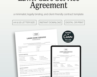 Lawn Care Service Agreement Template, Editable Canva Landscaping Contract, A4 and US Letter Size