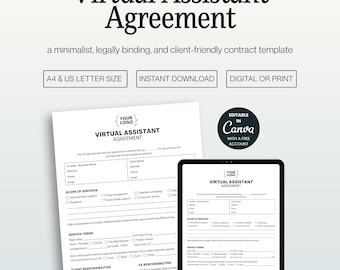 Virtual Assistant Contract Template, Editable Canva VA Service Agreement Freelance, A4 and US Letter