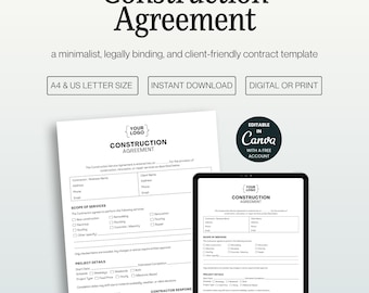 Construction Agreement Template, Editable Canva Contract (A4 & US Letter)