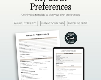 Editable Birth Preferences Template: Canva Printable, Doula Tool (Digital Download)