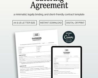 Catering Contract Template, Editable Canva Food Service Agreement, Minimalist Design A4 and US Letter