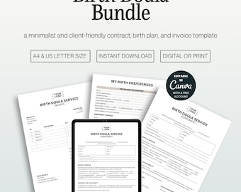 Birth Doula Bundle Template: Editable Canva Contract, Birth Preferences, and Invoice