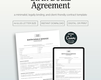 Birth Doula Contract: Editable Canva Template, Minimalist Service Agreement, A4 & US Letter