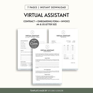 May include: A digital download featuring a virtual assistant template pack. The pack includes a client intake form, agreement, and invoice. The documents are in A4 and US letter sizes. The text "Virtual Assistant" is prominently displayed. The template is editable in Canva.