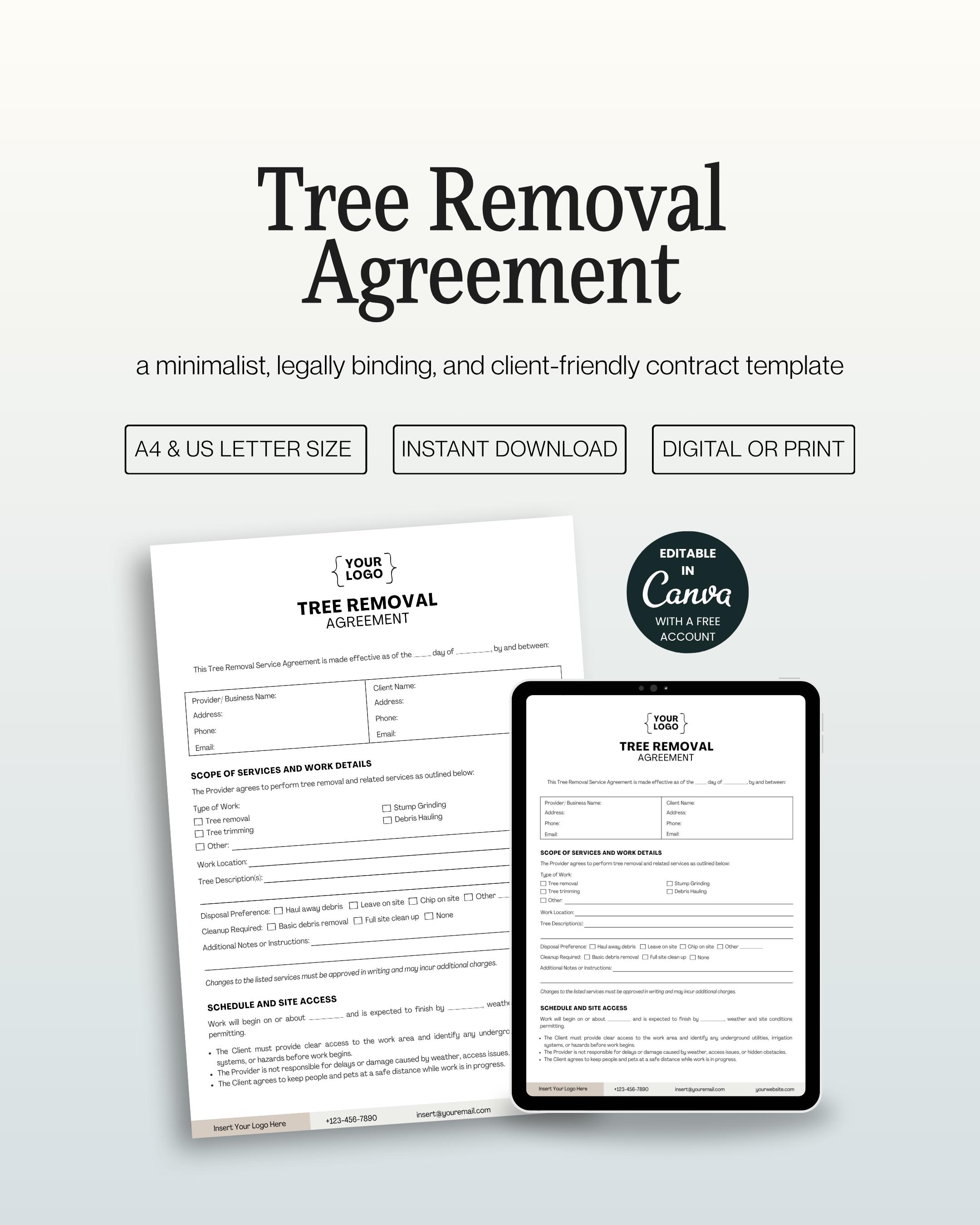 Printable Tree Removal Contract Template, Editable Canva Service ...