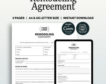 Remodeling Contract Template Editable Canva and Ready PDF Home Renovation Agreement A4 US Letter