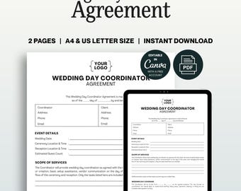 Wedding Day Coordinator Agreement, Editable Canva Contract Template, PDF Ready to Print