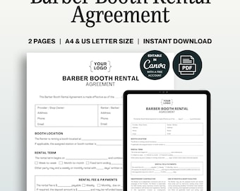 Barber Booth Rental Agreement, Editable Canva Template Professional Barber Chair Lease Contract