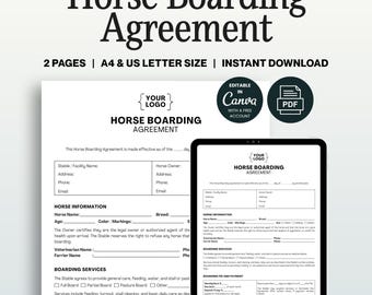 Horse Boarding Contract Template, Equestrian Business (Canva & PDF)