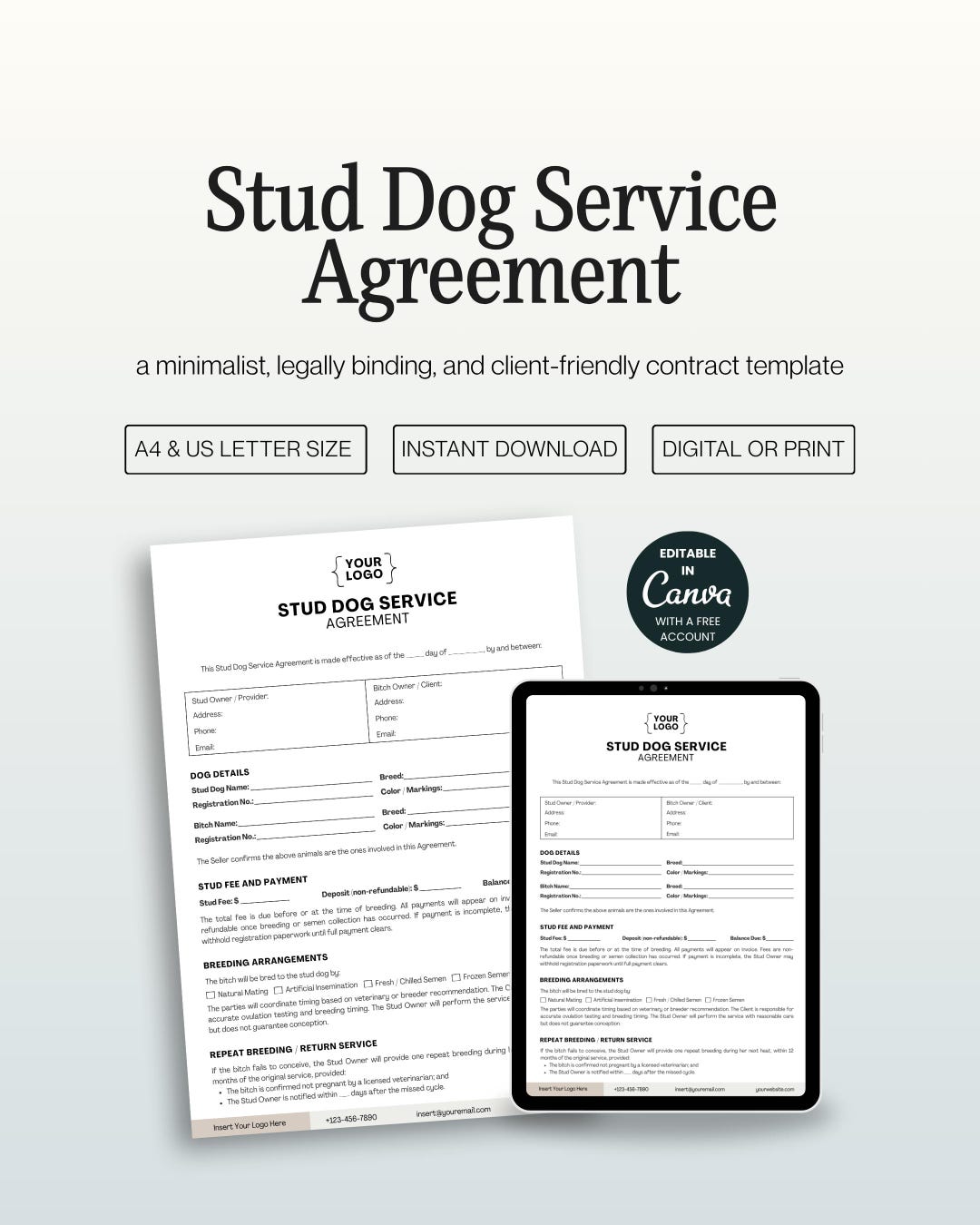 Stud Dog Service Agreement Template, Editable Canva Contract for