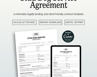 Stud Dog Service Agreement Template, Editable Canva Contract for Breeders (A4 & US Letter)