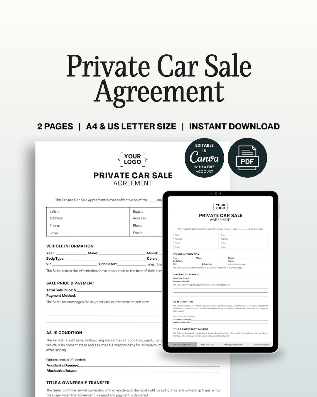 Private Car Sale Agreement, Editable Canva Template Vehicle Sales