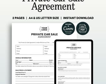Private Car Sale Agreement, Editable Canva Template Vehicle Sales Contract with Ready to Use PDF