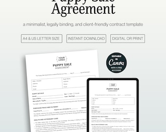 Puppy Sales Agreement Template, Editable Dog Breeder Contract (Canva)