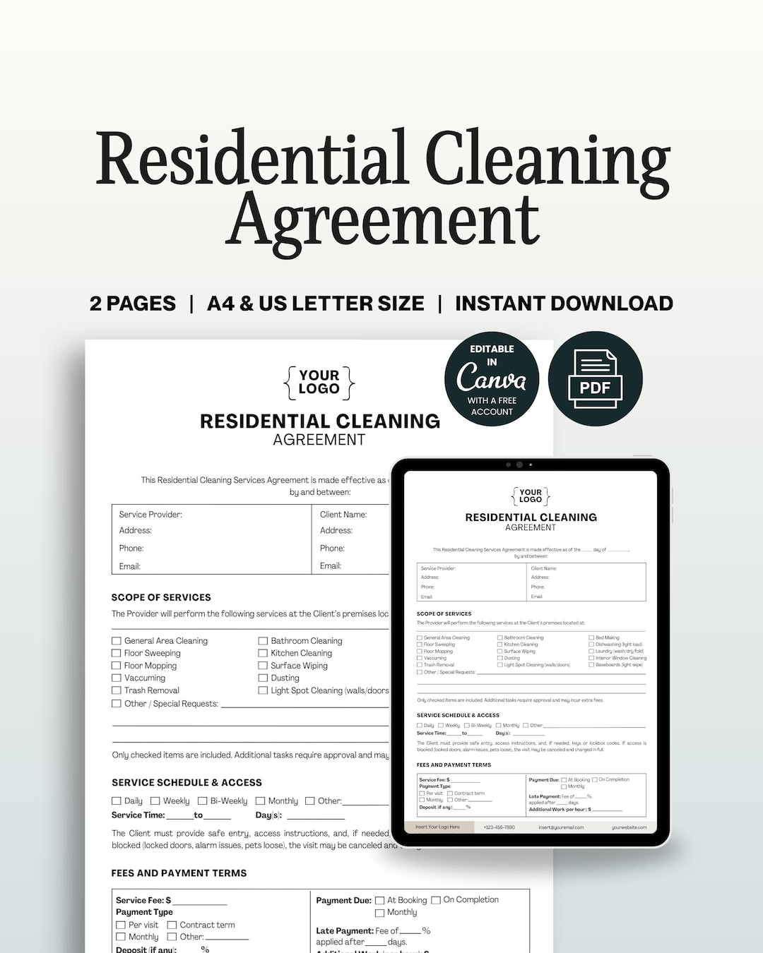 Residential Cleaning Service Agreement Template, Editable Canva & PDF ...