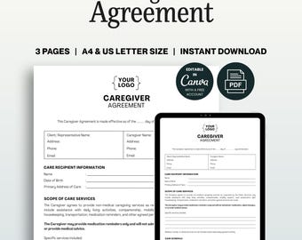 Caregiver Agreement Template, Non Medical Caregiver Contract, Editable Canva and Printable PDF