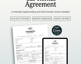 Car Rental Agreement Template, Editable Canva Vehicle Lease Contract Form A4 & US Letter