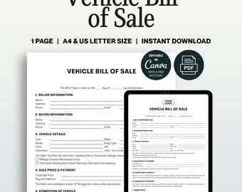 Vehicle Bill of Sale Template, Editable Canva PDF
