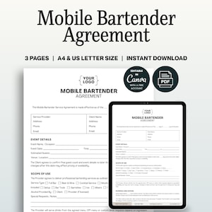 May include: A white Mobile Bartender Agreement template with black text. The document includes fields for service details, event information, and scope of use. The design includes a logo placeholder and is available in A4 and US Letter sizes.