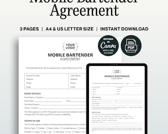 Mobile Bartender Contract Template, Editable Canva and Ready-to-Use PDF Bar Service Agreement for Events