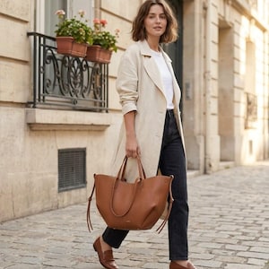 Puede incluir: Una persona caminando por una calle adoquinada, vistiendo una gabardina beige, una camiseta blanca y unos vaqueros negros. Lleva un bolso tote de cuero marr&oacute;n grande y usa mocasines de cuero marr&oacute;n. El fondo presenta un edificio con un balc&oacute;n decorativo.