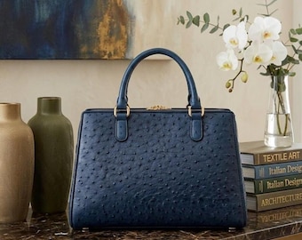 Genuine Ostrich Leather Handbag Exotic Leather Top Handle Bag Real Leather Purse  Gift for Her
