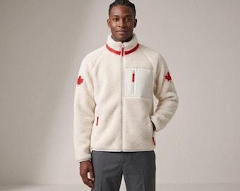 Embroidered Canada Sherpa Fleece Jacket, Cream Outerwear with Red Maple Leaf