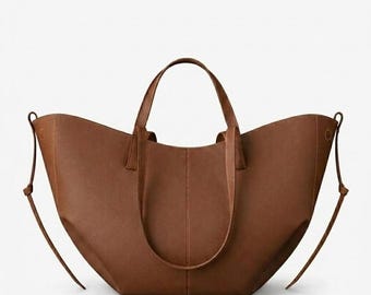 Winged Tote Bag | Textured Cognac Leather Shoulder Bag, Oversized Carryall