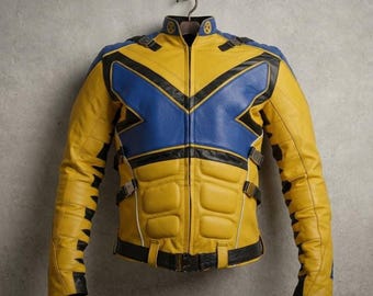 Men's Leather Hero Jacket | Logan Superhero Cosplay Gear | Men’s Yellow & Blue X-Suit Biker Jacket