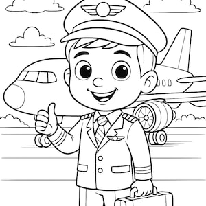 Könnte beinhalten: Schwarz-Weiß-Illustration eines Cartoon-Piloten vor einem Flugzeug. Der Pilot trägt Uniform, Hut und hält einen Aktenkoffer. Der Pilot zeigt den Daumen hoch. Das Wort "Pilot" steht unten.