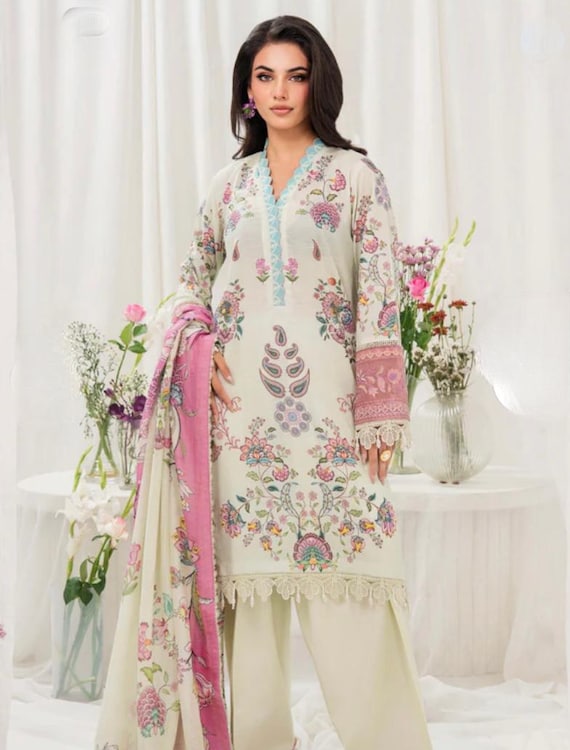 ladies casual dresses pakistani Indian Pakistani White Ivory Stitched Women Dress,casual Lawn Eastern Dress  for Girls,stlylish Clothes for Women,3 Piece Suit Summer Wear