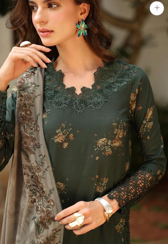 Indian Pakistani Green Stitched Embroided Summer Lawn,designer Casual Dress  for Girls,readytowear Designer Dress ,3 Piece Summer Wear