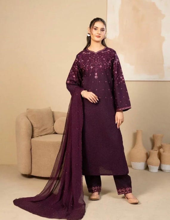 Indian Pakistani 3 Piece Plum Purple Stitched Embroided Eid Summer Lawn,casual Dress,readytowear Designer Dress ,3 Piece Lawn,festive Wear